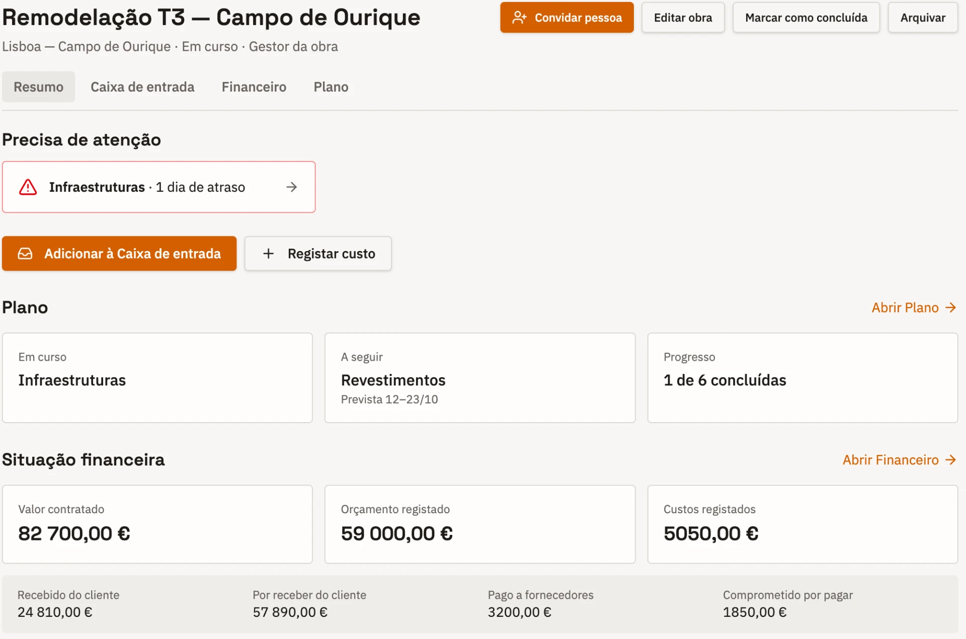 Captura do ecrã Resumo da obra do ObraFlow